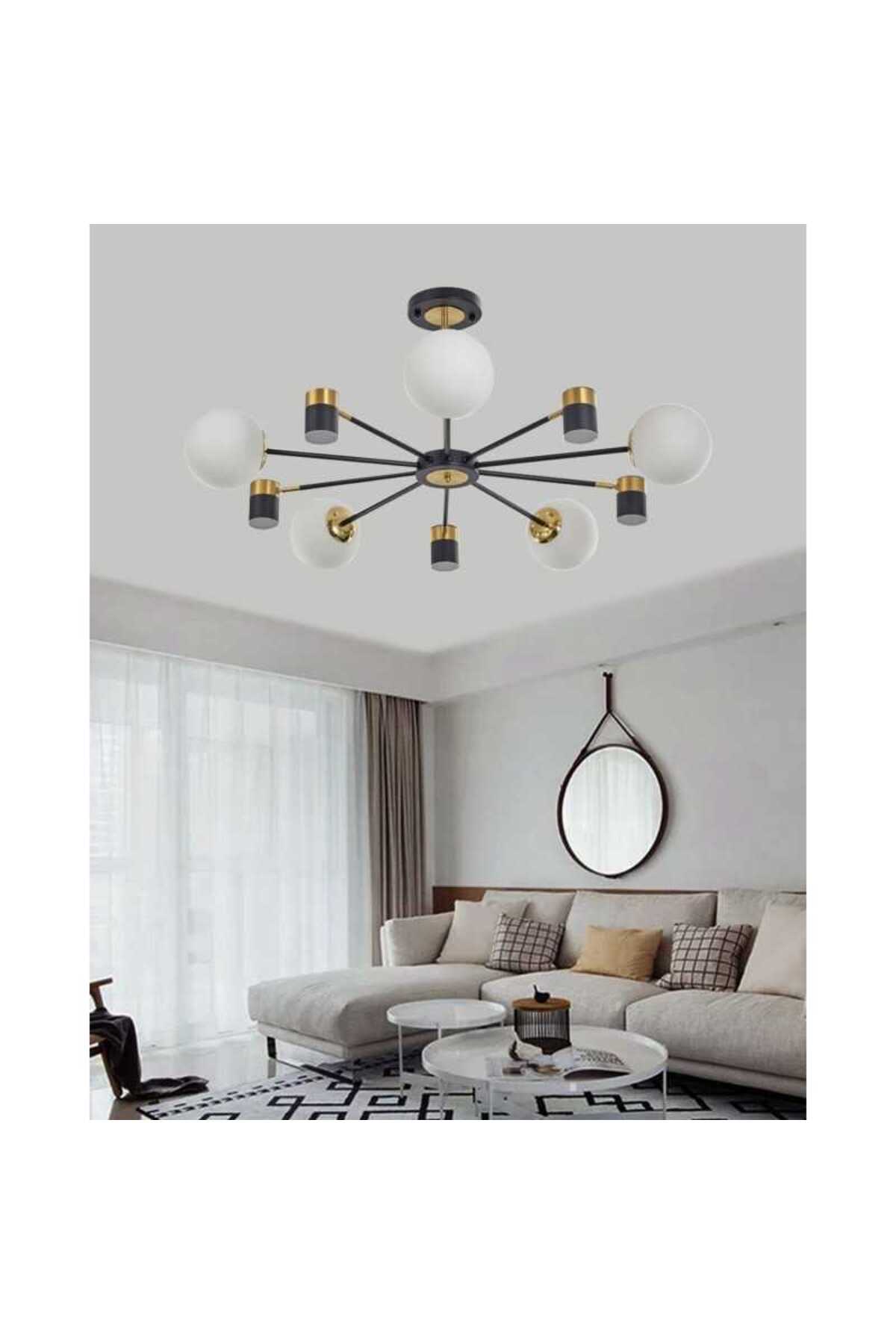 Plafonieră neagră și aurie cu globuri albe, 5 x E27, 86 cm