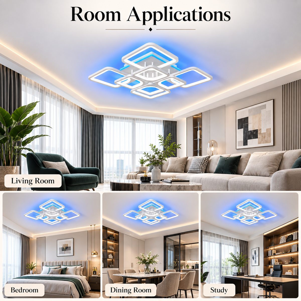 Plafonieră LED RGB dimabilă, 8 surse, Wi-Fi și telecomandă, 220 W