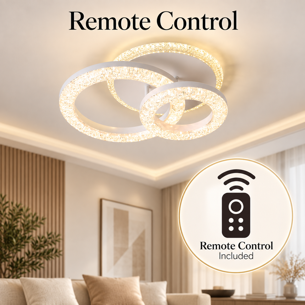 Plafonieră LED 80 W, 2 inele din cristal, dimabilă, Wi-Fi, telecomandă
