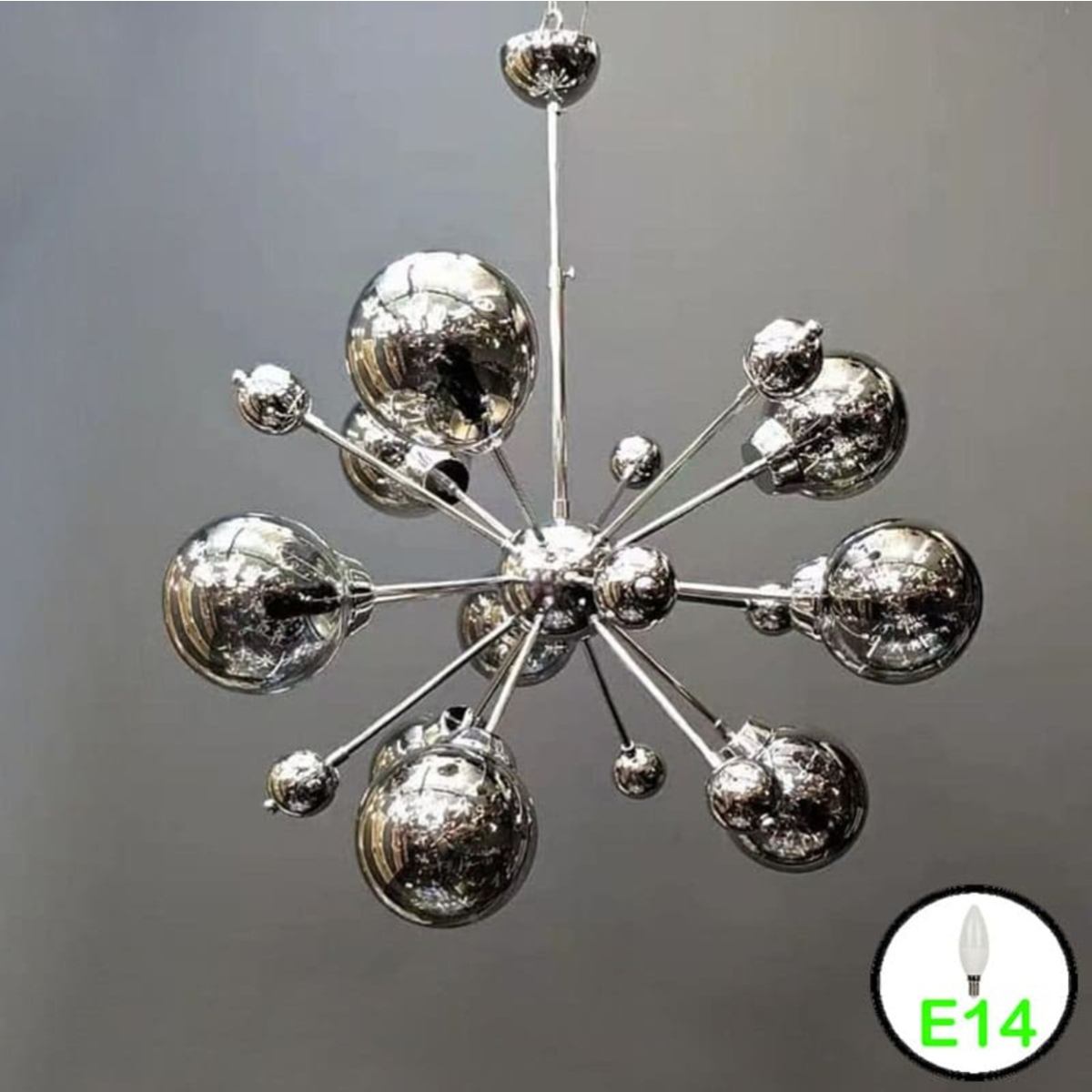 Candelabru de plafon cu 9 becuri E14, alb, metal și sticlă, Ø65 cm