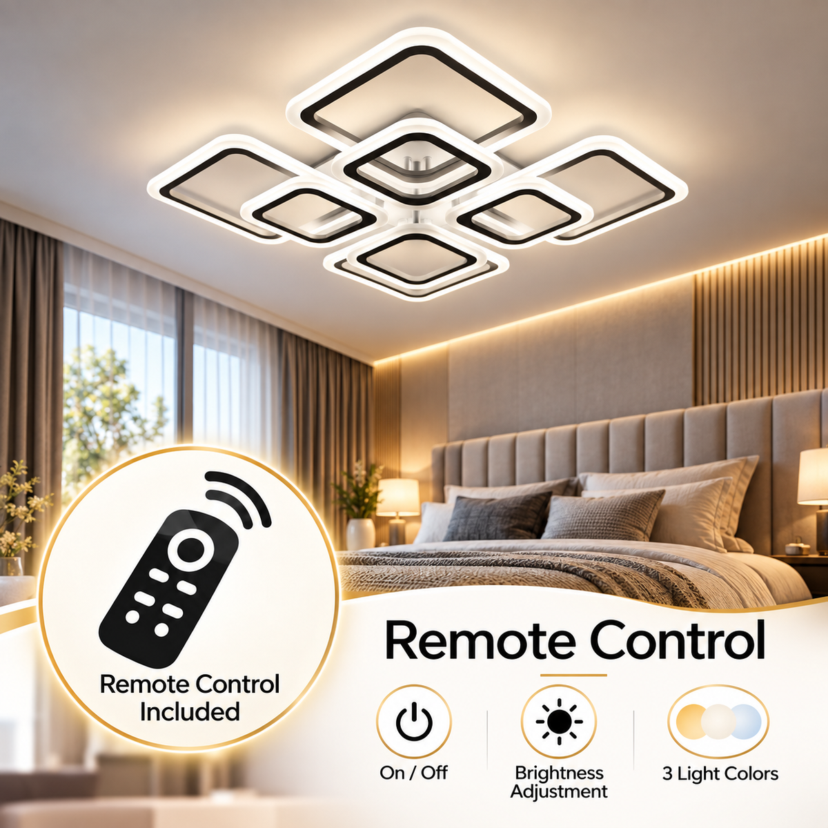 Plafonieră LED pătrată cu 8 lumini, dimabilă, telecomandă, 144 W, albă