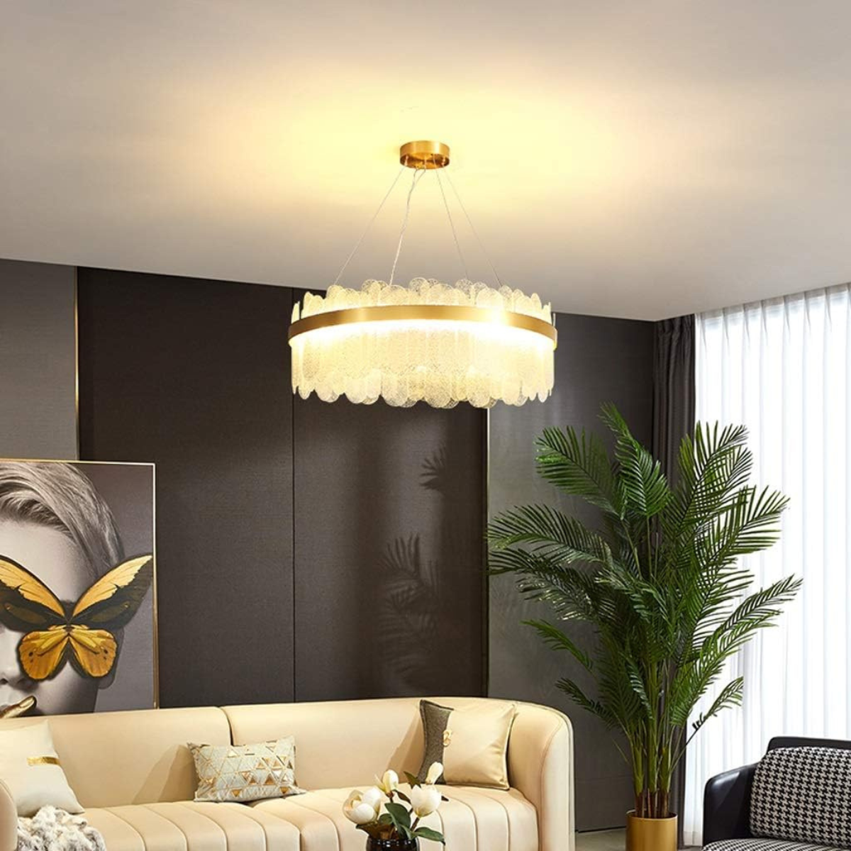 Lustră LED suspendată din cristal, aurie, 40 cm, cu telecomandă