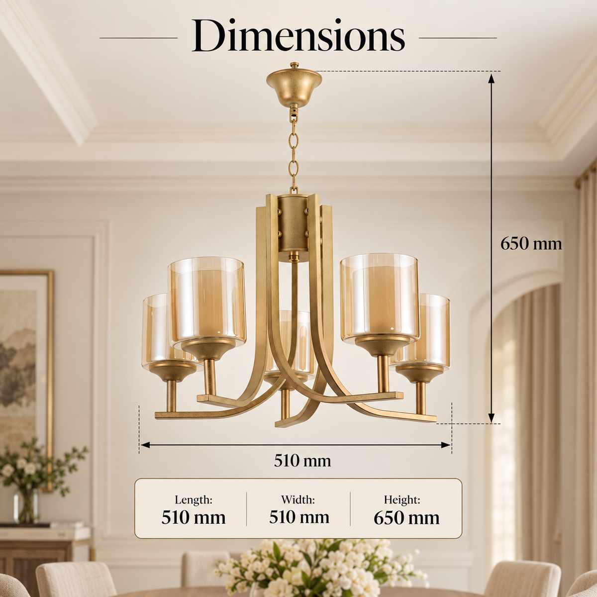 Candelabru de interior cu 5 socluri E27, 65 × 51 × 51 cm
