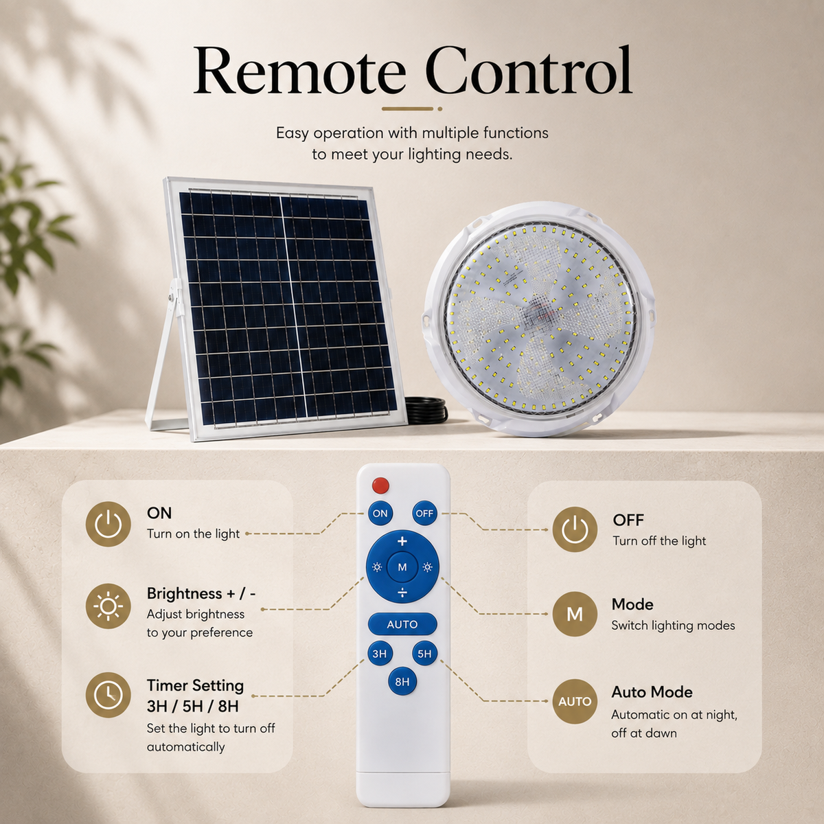 Lampă LED solară 100 W, IP65, cu telecomandă și 3 culori, alb