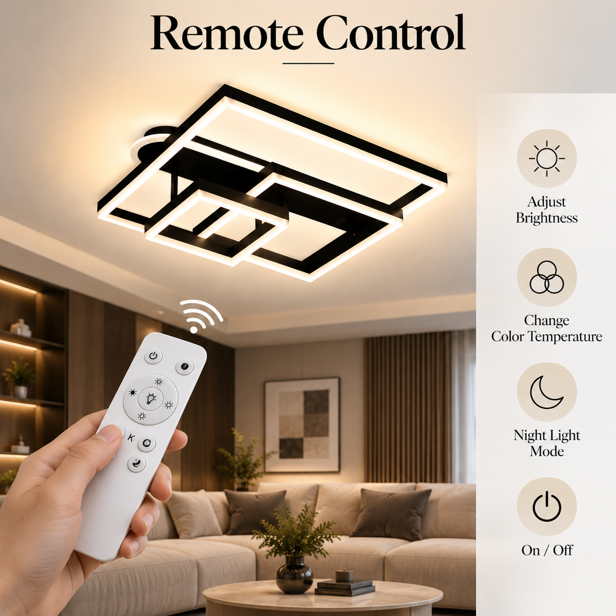 Plafonieră LED neagră, dimabilă, cu 3 culori, Wi-Fi și telecomandă