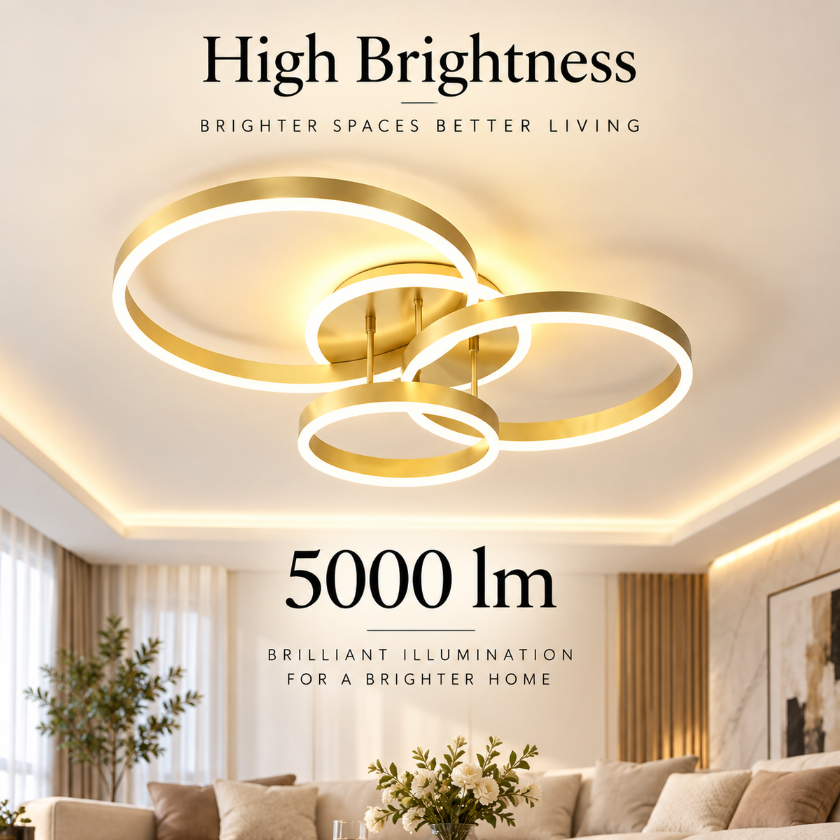 Plafonieră LED aurie 160 W, 3 inele, Wi-Fi, dimabilă, 40/30/25 cm