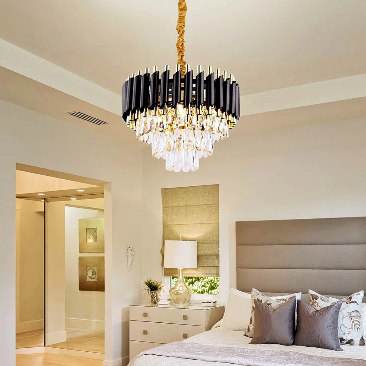 Candelabru cu 5 socluri E14 din metal și sticlă, Ø 50 cm, înălțime 50 cm