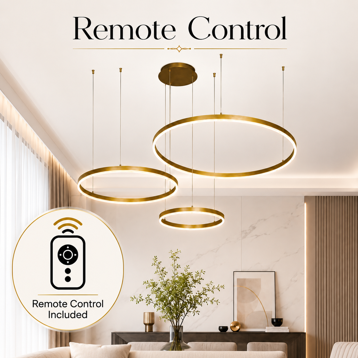 Plafonieră LED aurie cu 3 inele, 40/60/80 cm, dimabilă, Wi-Fi, cu telecomandă