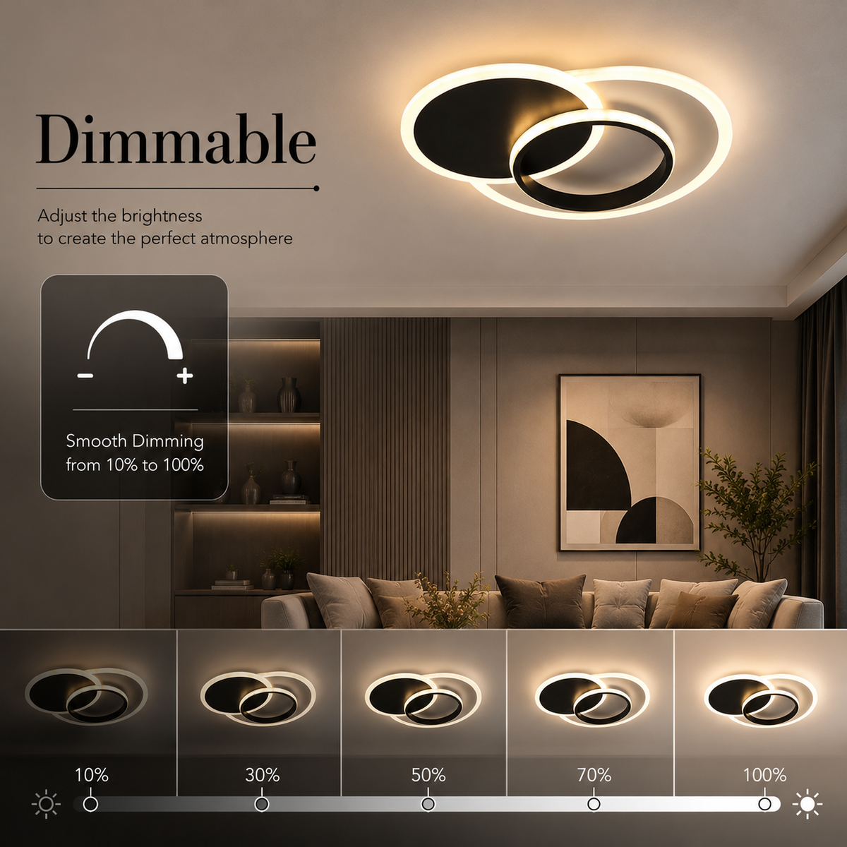 Plafonieră LED 53 cm, maro cafea, dimabilă, Wi-Fi și telecomandă