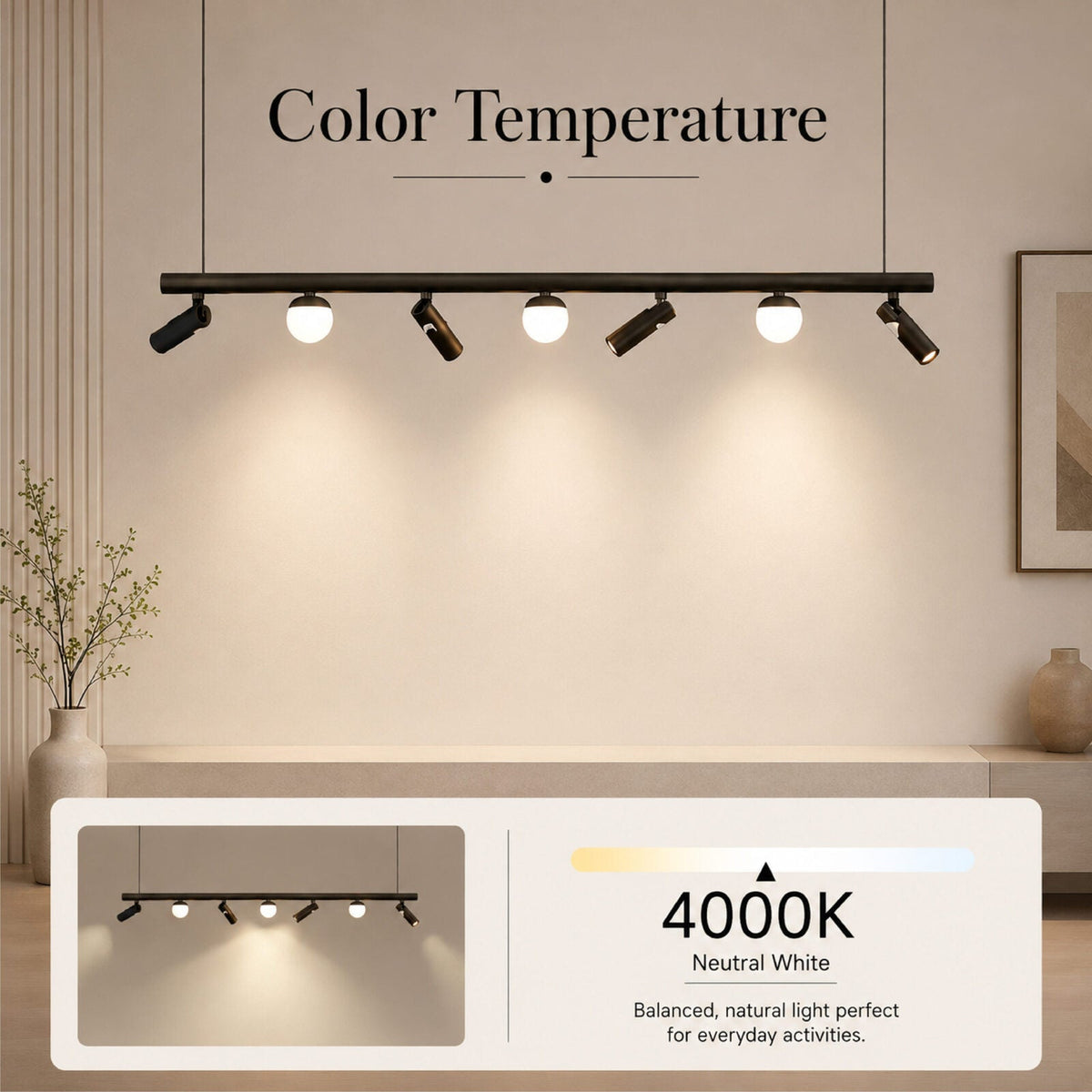 Plafonieră LED neagră cu 7 spoturi, 27 W, 2600 lm, 4000 K, 100 cm