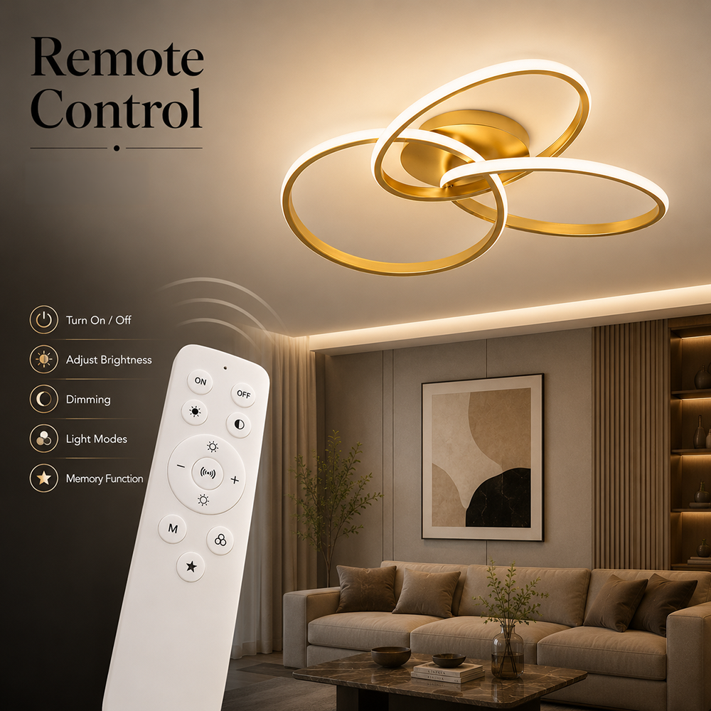 Plafonieră LED aurie 84 W dimabilă, Wi-Fi, telecomandă, 3 culori