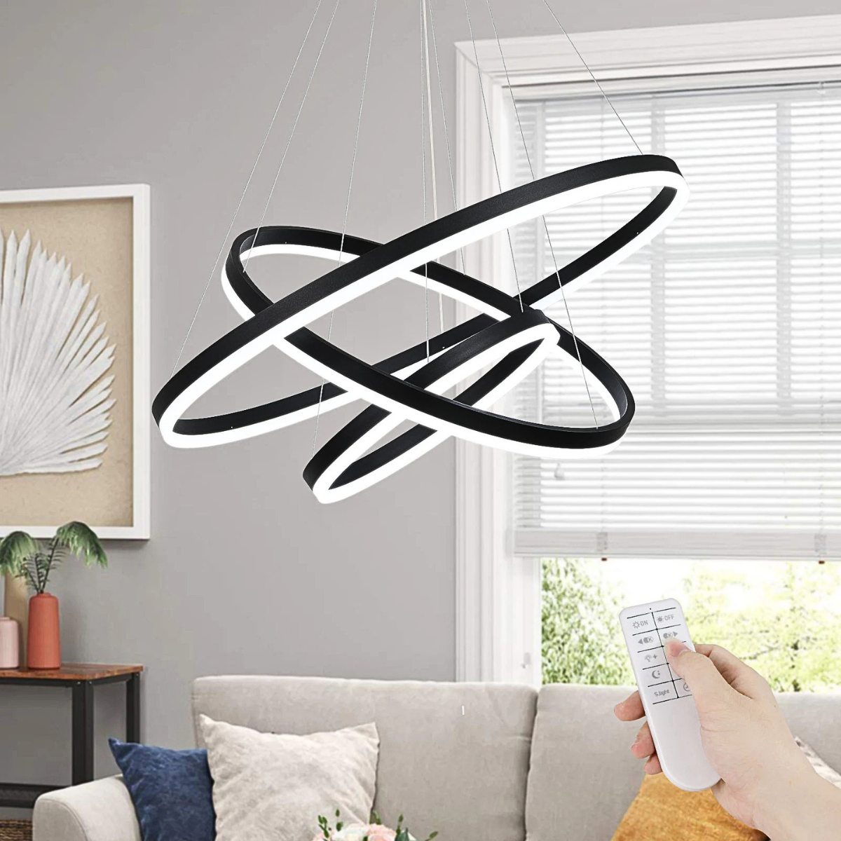 Plafonieră LED tip inel, neagră, dimabilă cu telecomandă, 60×100×60 cm