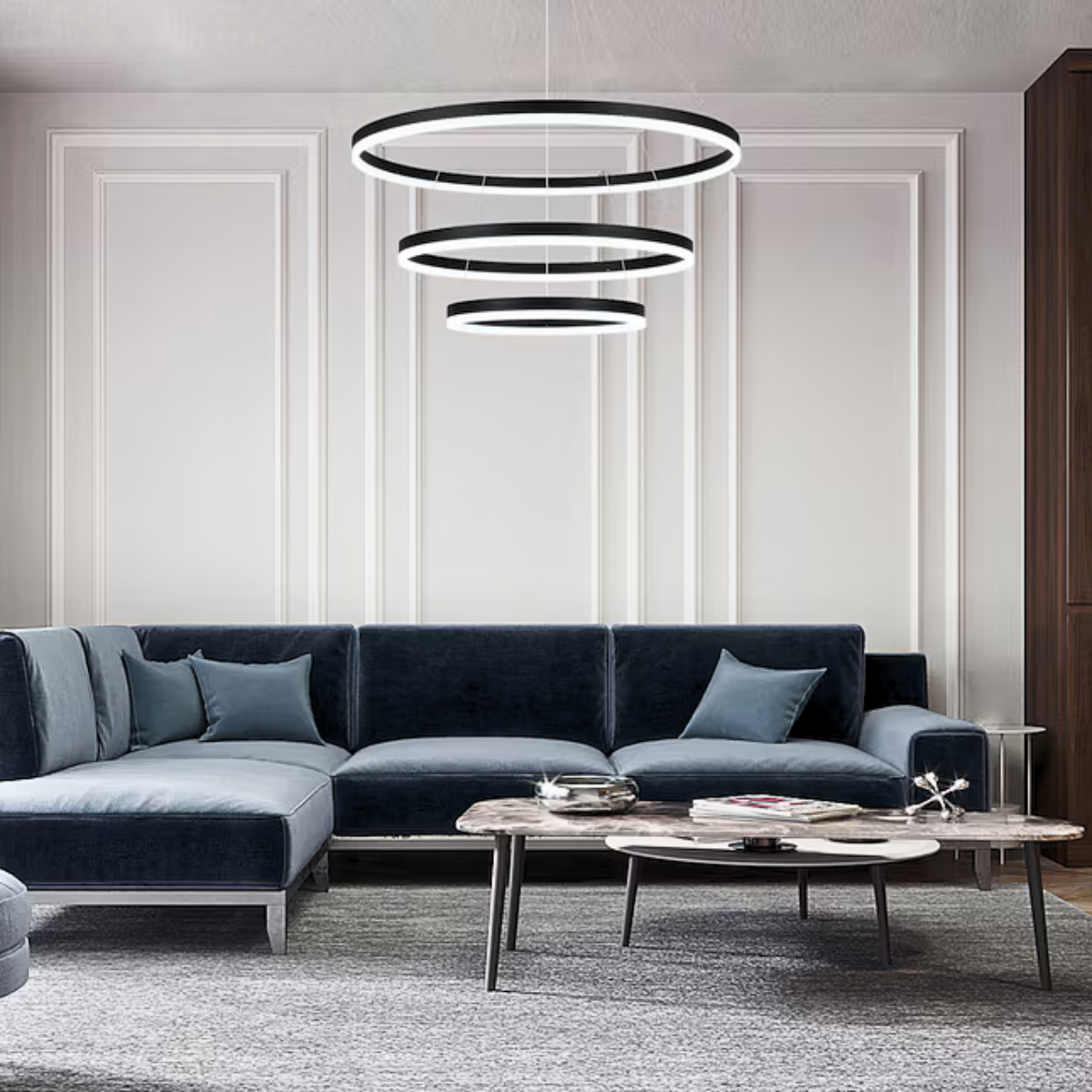 Plafonieră LED tip inel, neagră, dimabilă cu telecomandă, 60×100×60 cm