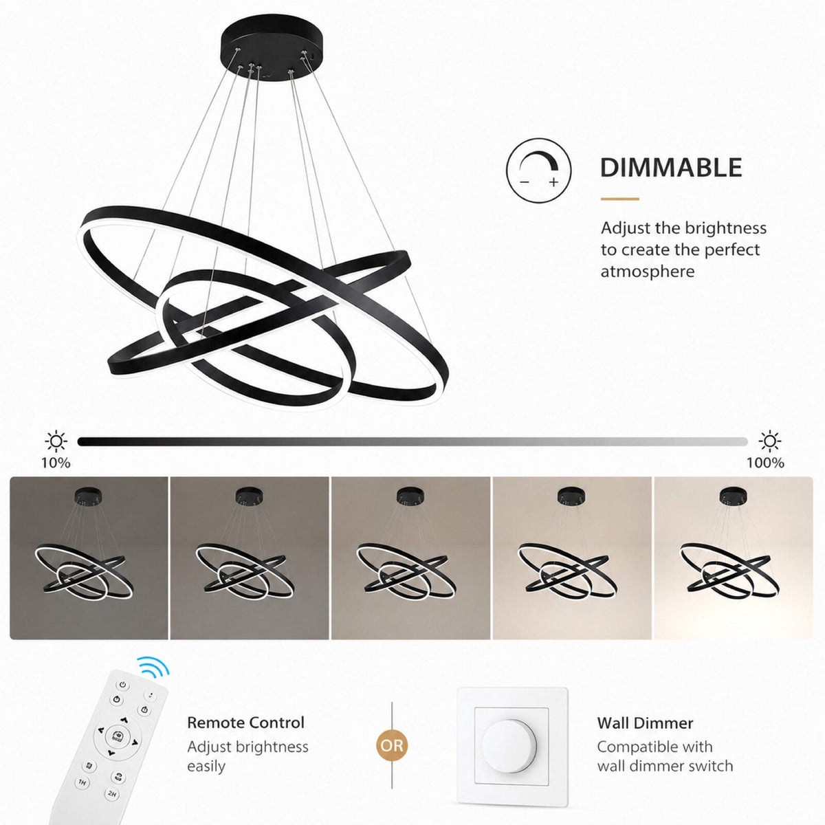 Plafonieră LED tip inel, neagră, dimabilă cu telecomandă, 60×100×60 cm