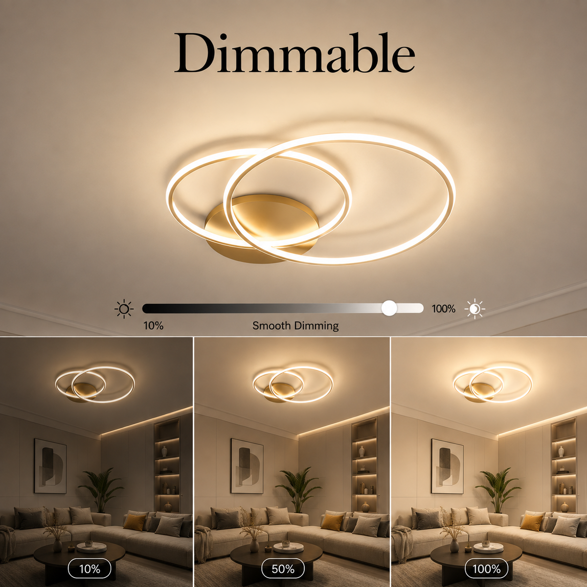 Plafonieră LED aurie dimabilă, Wi-Fi, telecomandă, 3 culori, 150 W