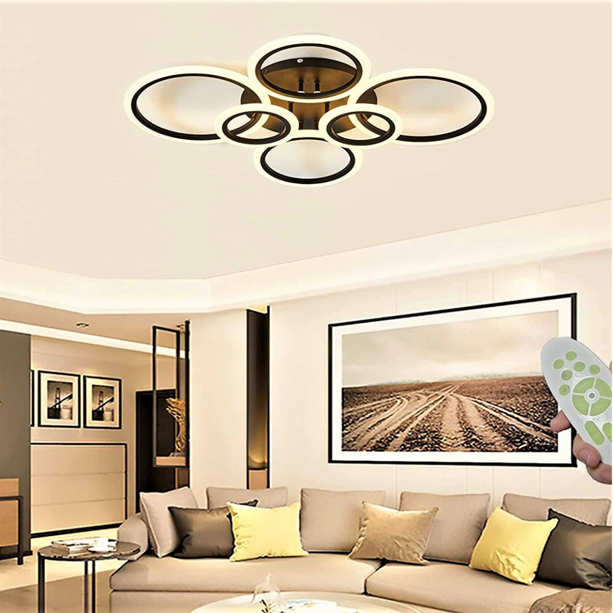Lustră LED suspendată cu 6 cercuri, maro cafea, telecomandă, 75x55 cm