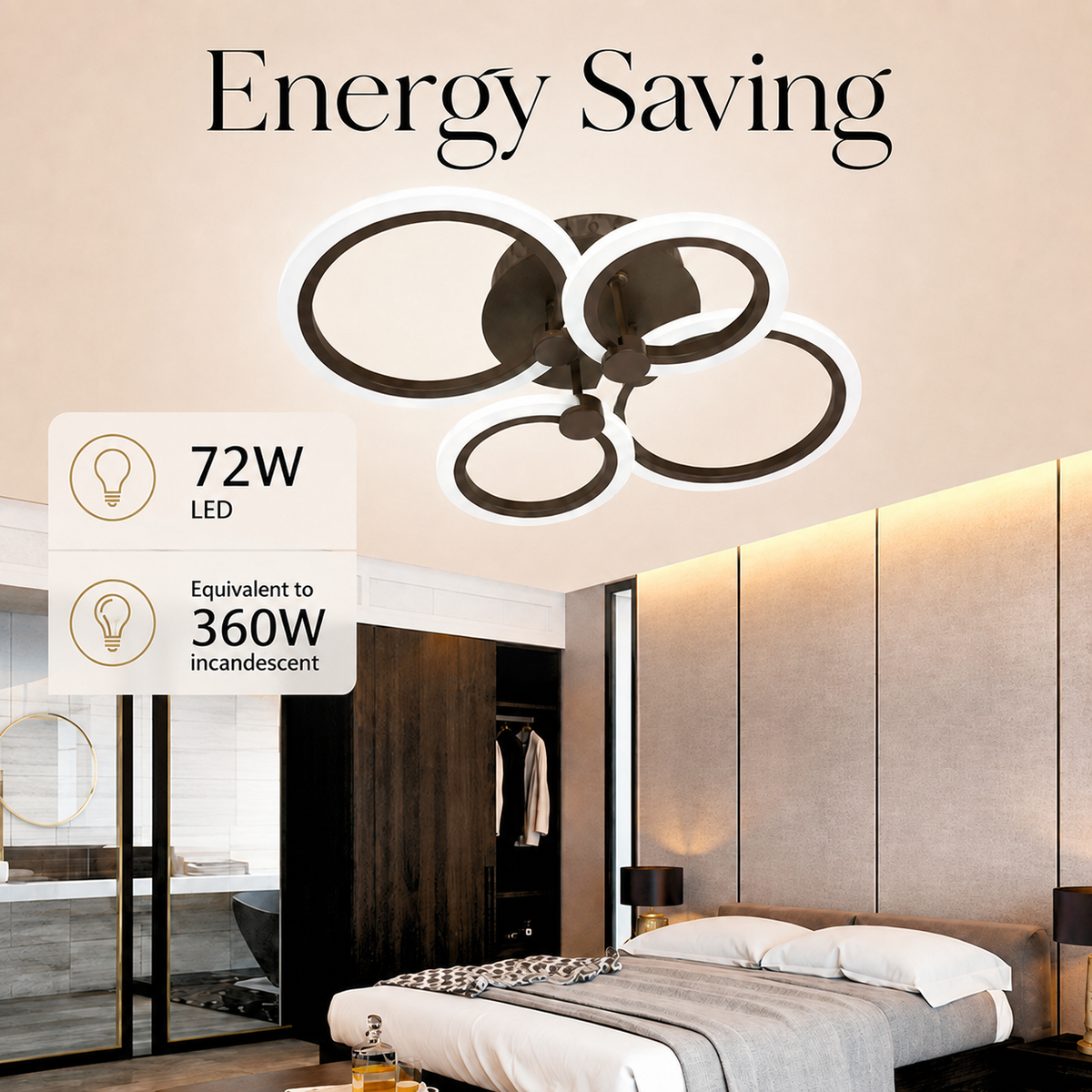 Plafonieră LED cu 4 cercuri, maro cafea, cu telecomandă, 72 W, 50 x 40 cm