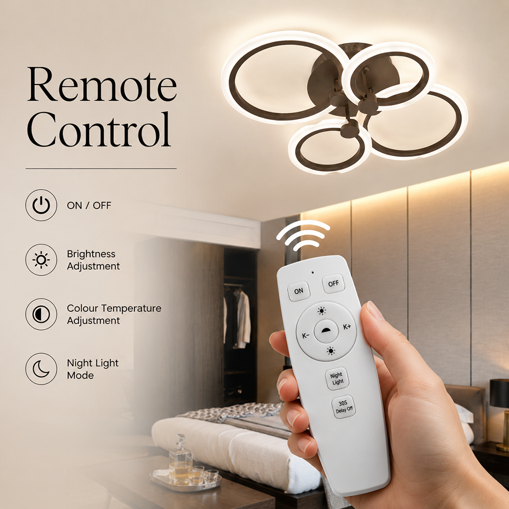 Plafonieră LED cu 4 cercuri, maro cafea, cu telecomandă, 72 W, 50 x 40 cm