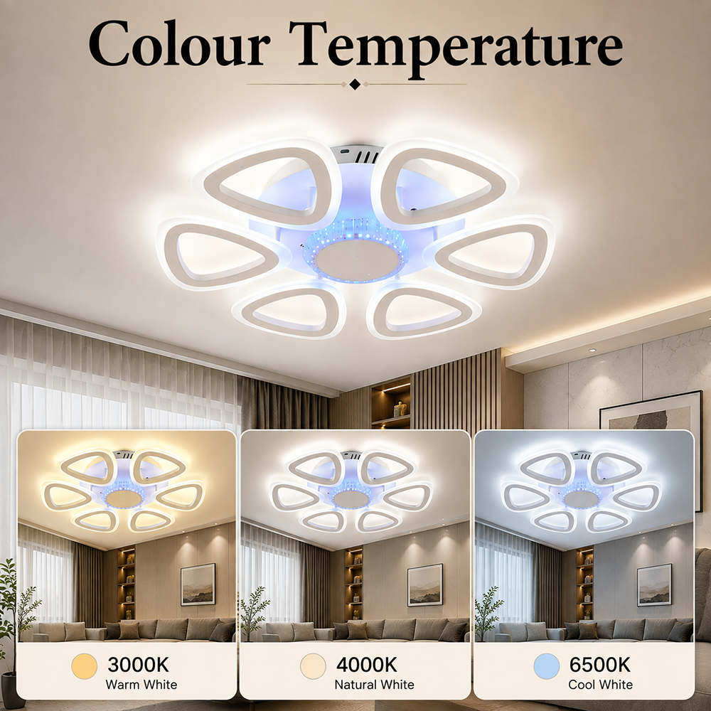 Plafonieră LED RGB dimabilă, Wi-Fi, telecomandă, 6 surse, 120 W, 52 cm