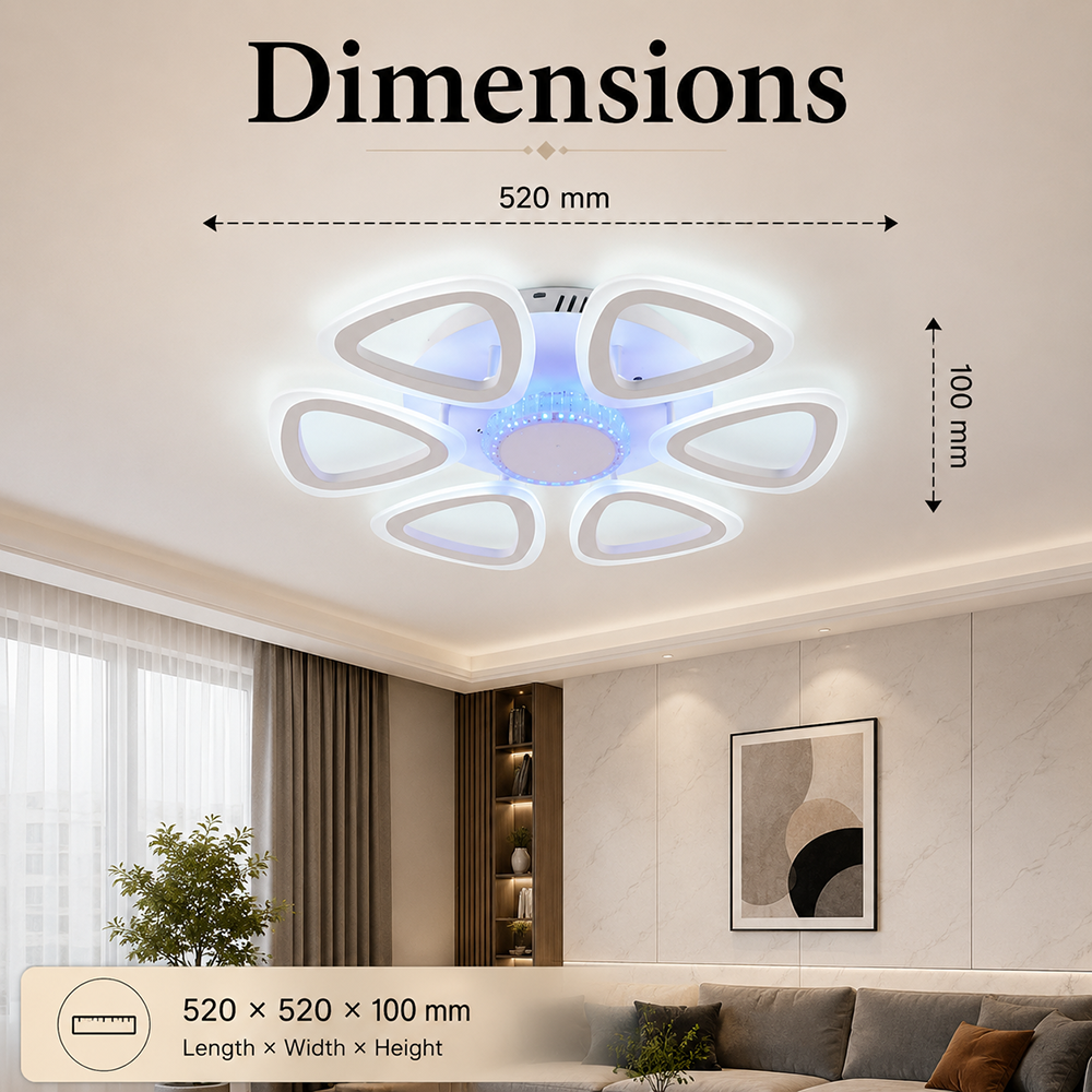 Plafonieră LED RGB dimabilă, Wi-Fi, telecomandă, 6 surse, 120 W, 52 cm