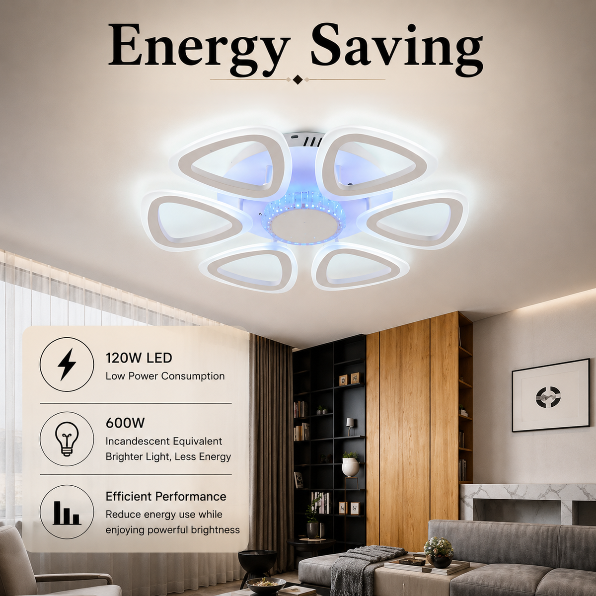 Plafonieră LED RGB dimabilă, Wi-Fi, telecomandă, 6 surse, 120 W, 52 cm