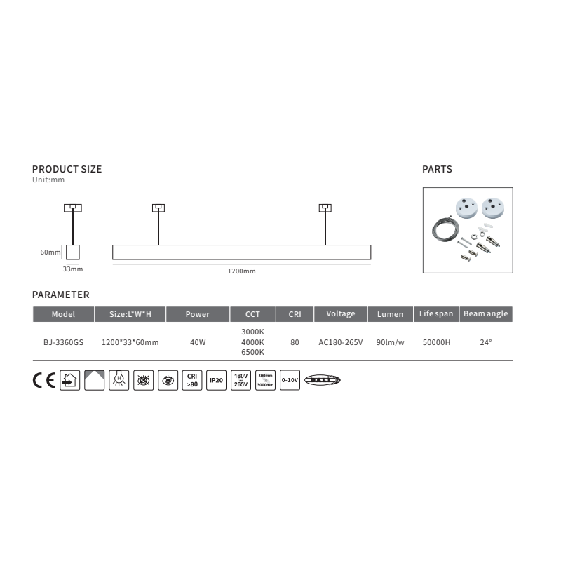 Plafonieră LED neagră, 120 cm, 40 W, 4000 K, 3600 lm