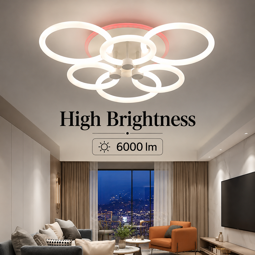 Plafonieră LED cu 6 inele, RGB, dimabilă, cu telecomandă, 60 cm