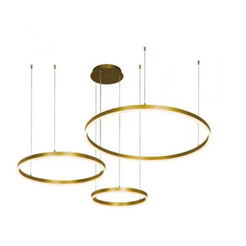 Candelabru LED auriu, 3 cercuri, 74W, dimabil, telecomandă, 3000-6500K