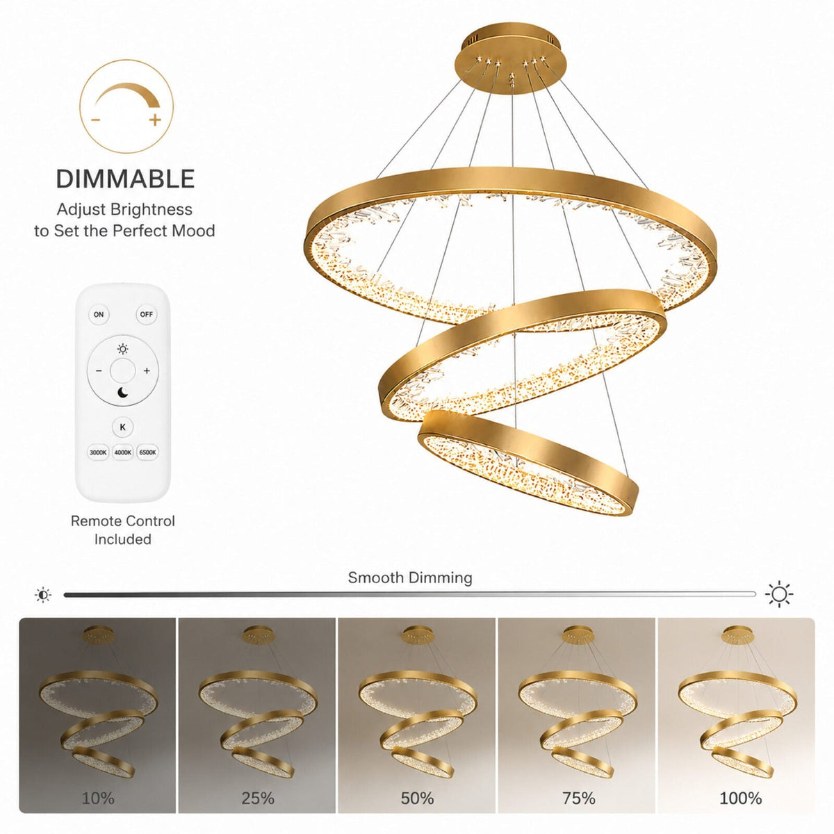Plafonieră LED cu 3 inele, 80 cm, dimabilă, cu telecomandă