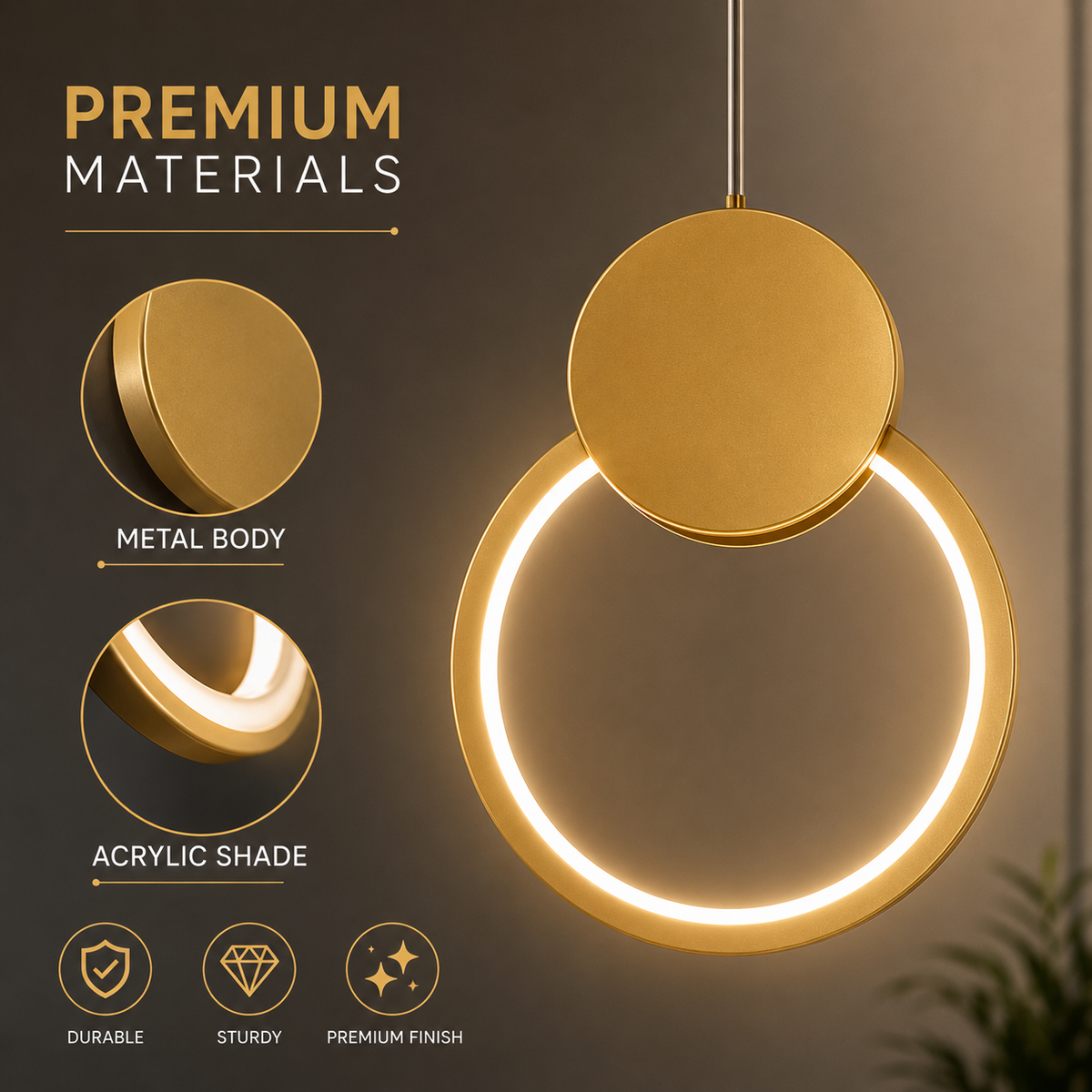 Pendul LED auriu, 24 W, 1100 lm, Ø22 × 100 cm