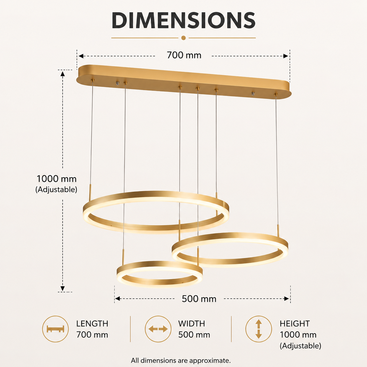 Pendul LED auriu 70 cm, dimabil, cu telecomandă, 3 temperaturi de culoare