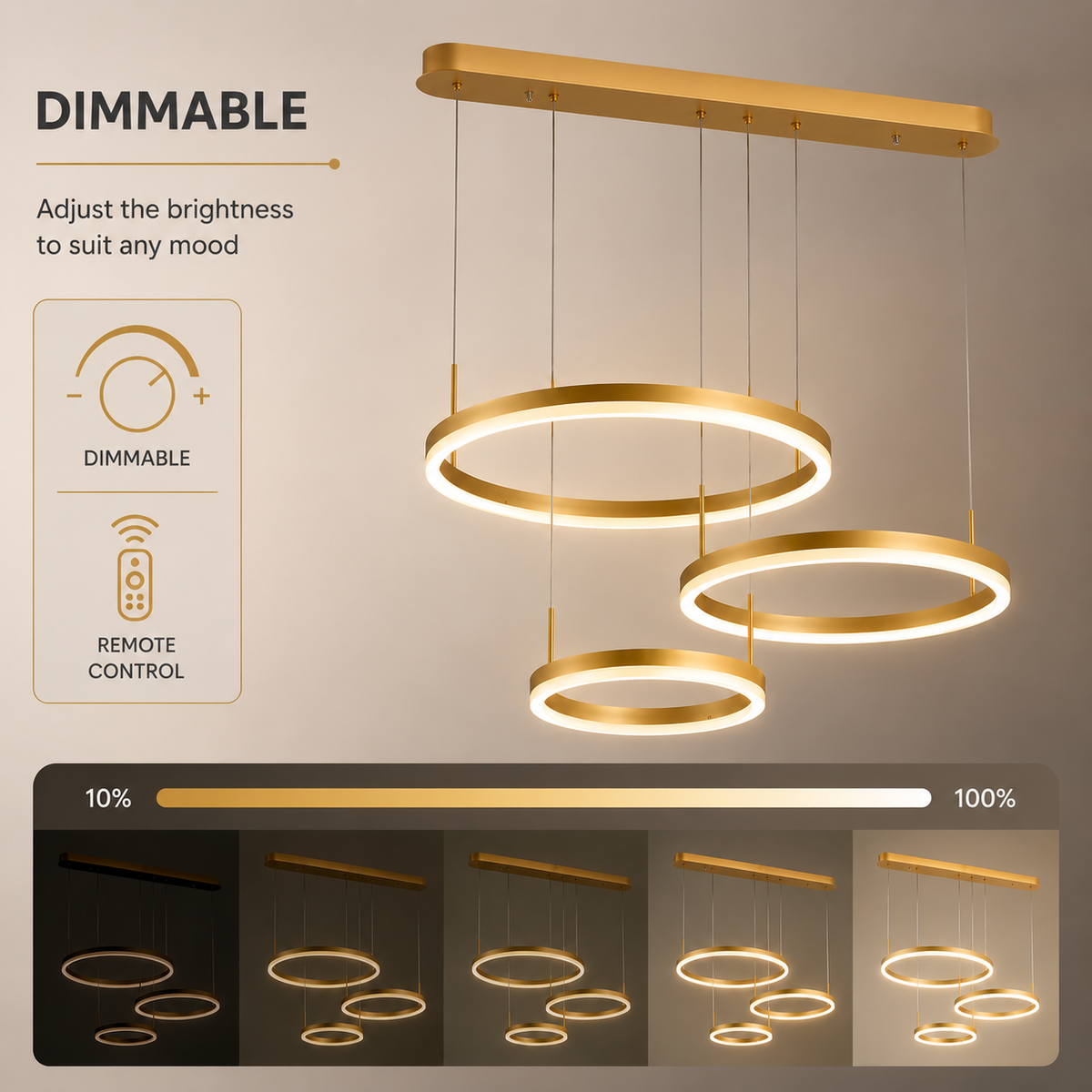 Pendul LED auriu 70 cm, dimabil, cu telecomandă, 3 temperaturi de culoare