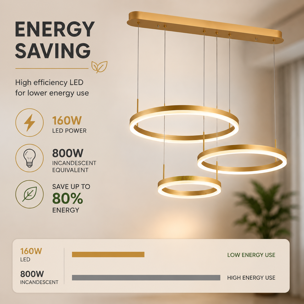 Pendul LED auriu 70 cm, dimabil, cu telecomandă, 3 temperaturi de culoare
