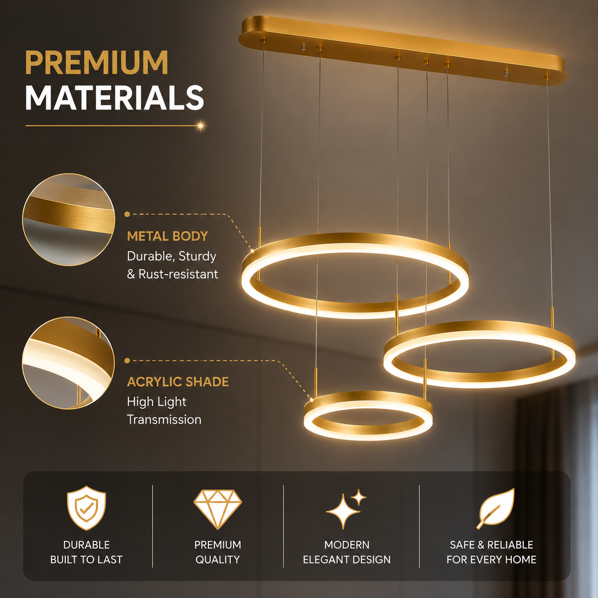 Pendul LED auriu 70 cm, dimabil, cu telecomandă, 3 temperaturi de culoare