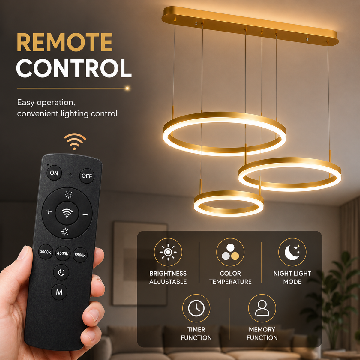Pendul LED auriu 70 cm, dimabil, cu telecomandă, 3 temperaturi de culoare