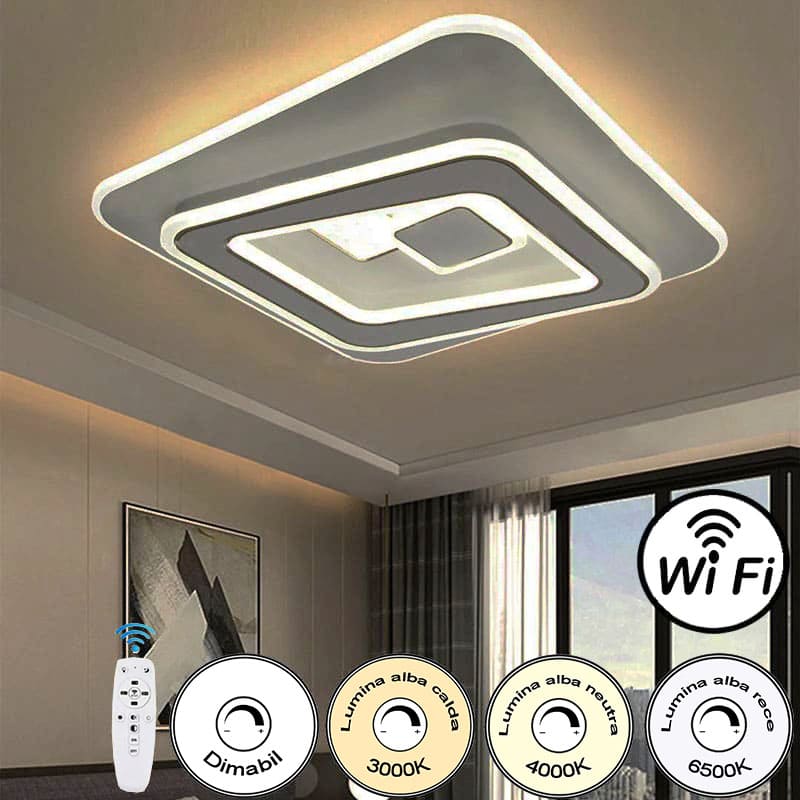 Plafonieră LED dimabilă cu 5 surse, Wi-Fi și telecomandă, albă, 50x50 cm