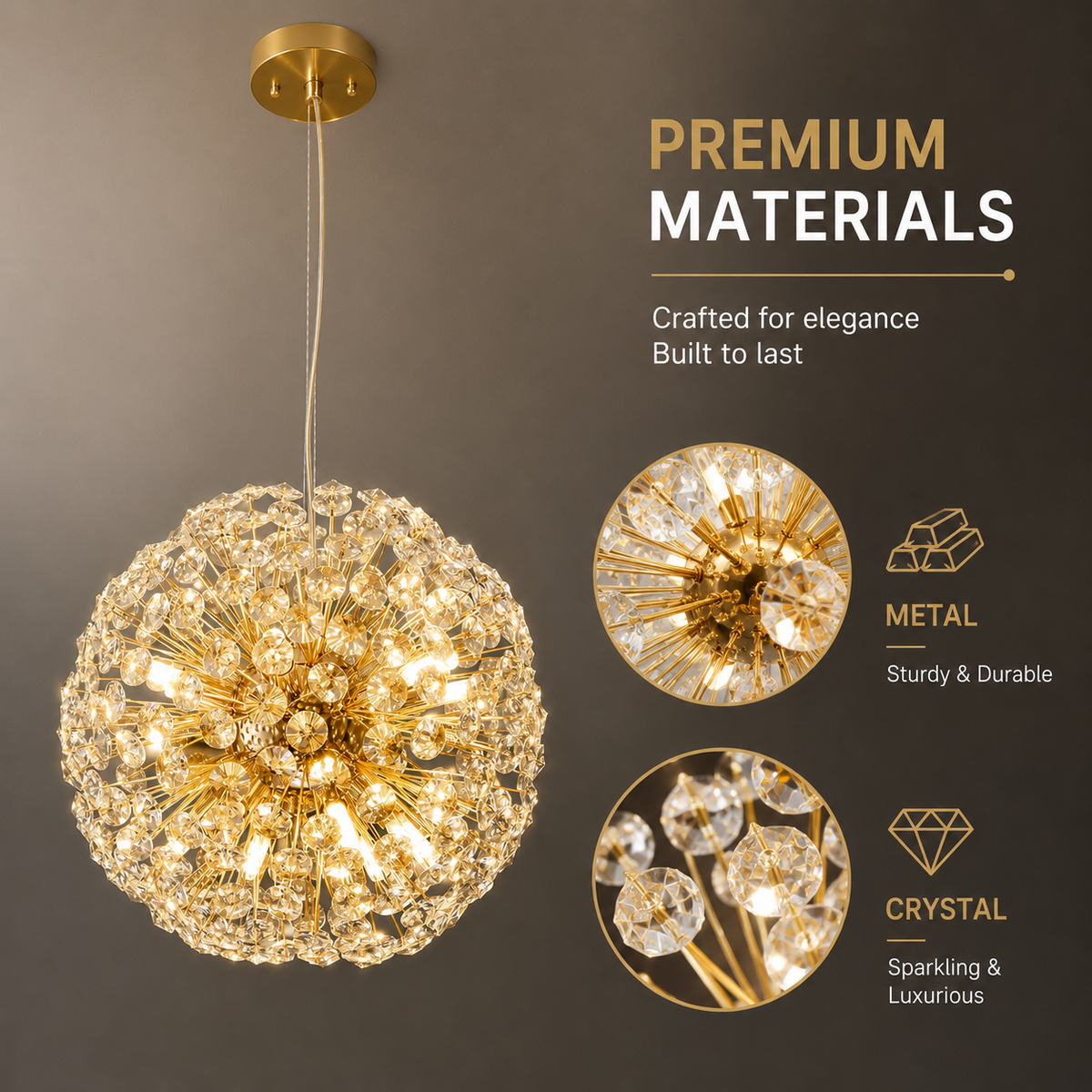 Candelabru tip glob din cristal, auriu, Ø30 x 100 cm