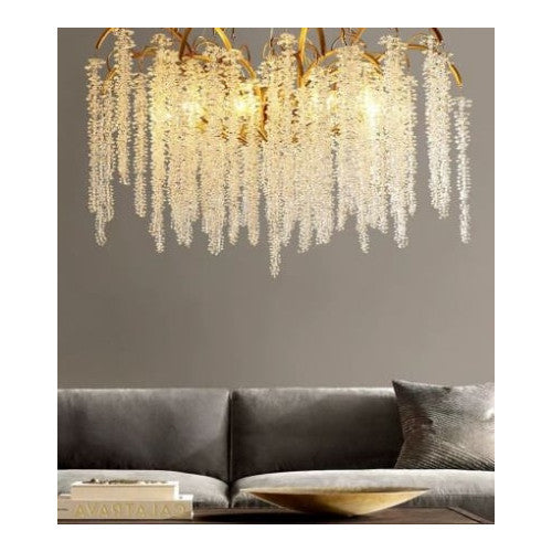 Candelabru auriu din metal și cristal, 15xE14, Ø150 x H55 cm