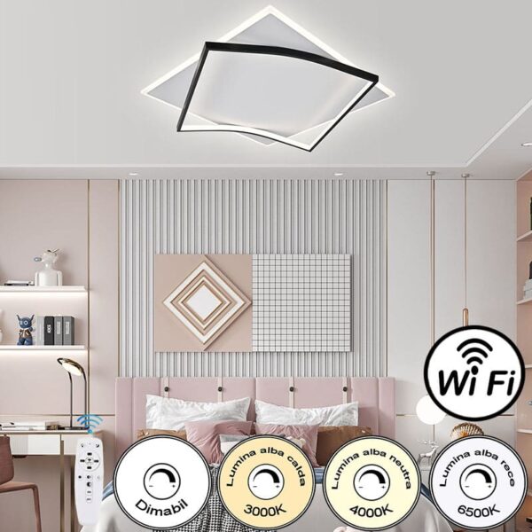 Plafonieră LED neagră, 50 cm, dimabilă, cu Wi-Fi și telecomandă