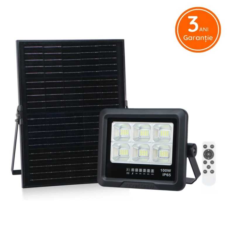 Proiector solar LED 100 W, 6500 K, cu panou monocristalin și telecomandă