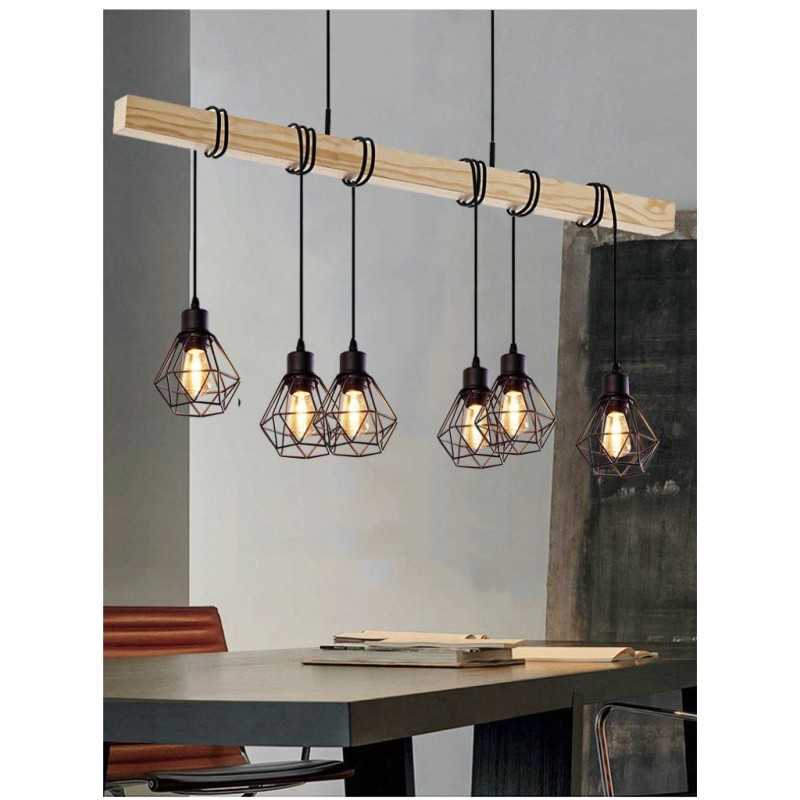 Plafonieră din metal și lemn, 6 surse, 3 culori de lumină, 70 × 100 cm