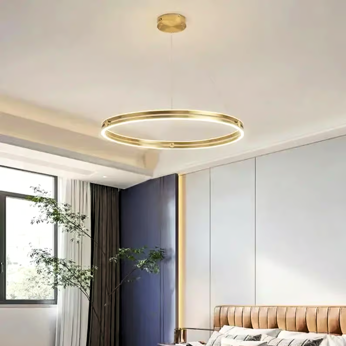 Plafonieră LED aurie cu 2 inele, 60 cm, dimabilă, cu telecomandă
