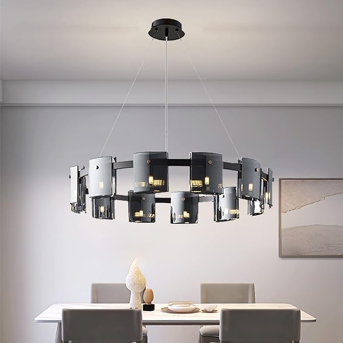 Plafonieră modernă din sticlă, neagră și aurie, Ø 80 cm, 9 x G9