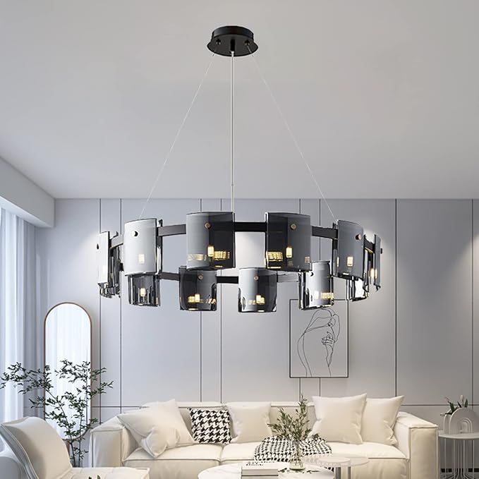 Plafonieră modernă din sticlă, neagră și aurie, Ø 80 cm, 9 x G9