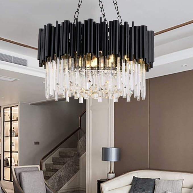Lustră LED neagră din cristal și metal, 80 cm, 6000 lm, 3 culori de lumină