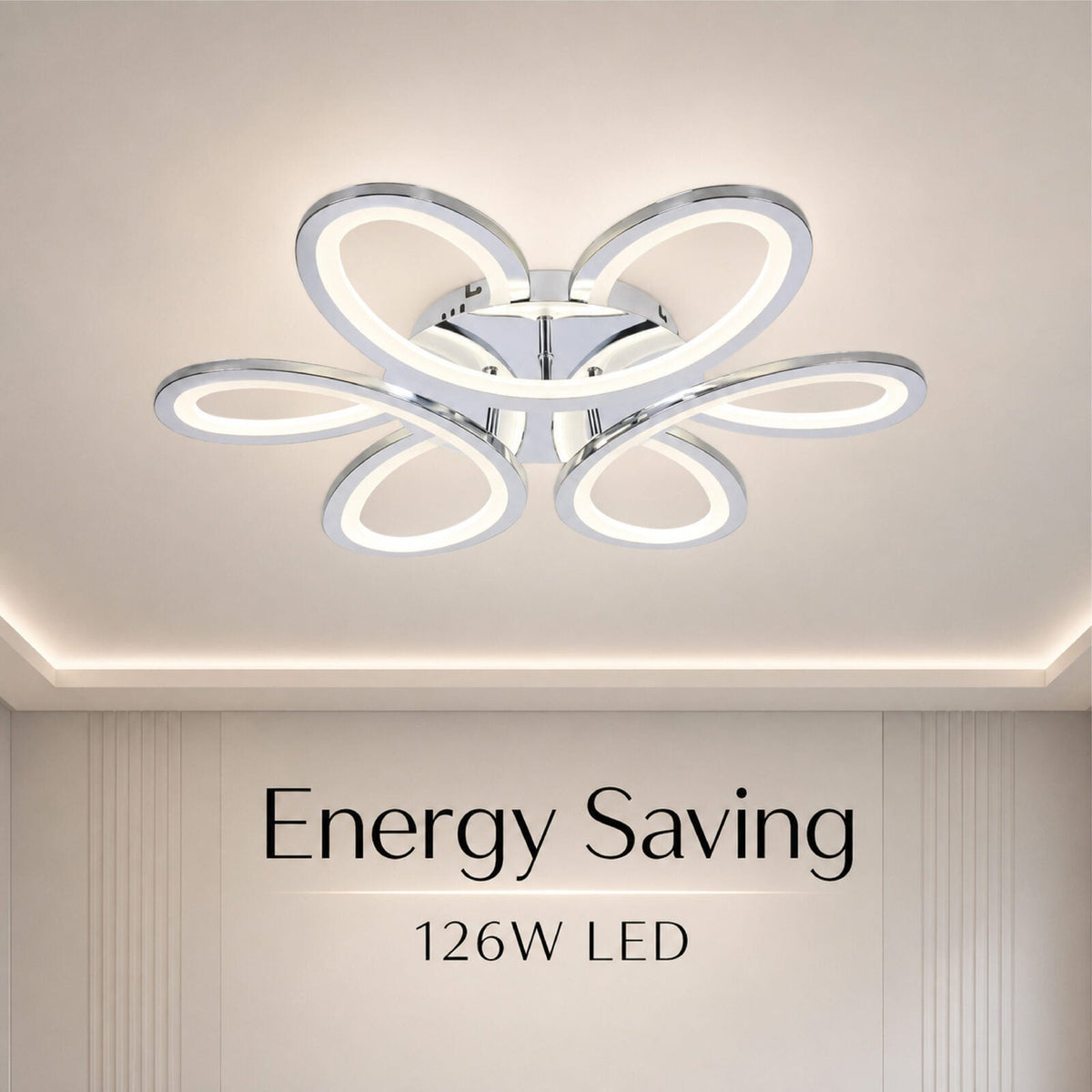 Plafonieră LED tip fluture, cromată, 63 cm, dimabilă, Wi-Fi și telecomandă