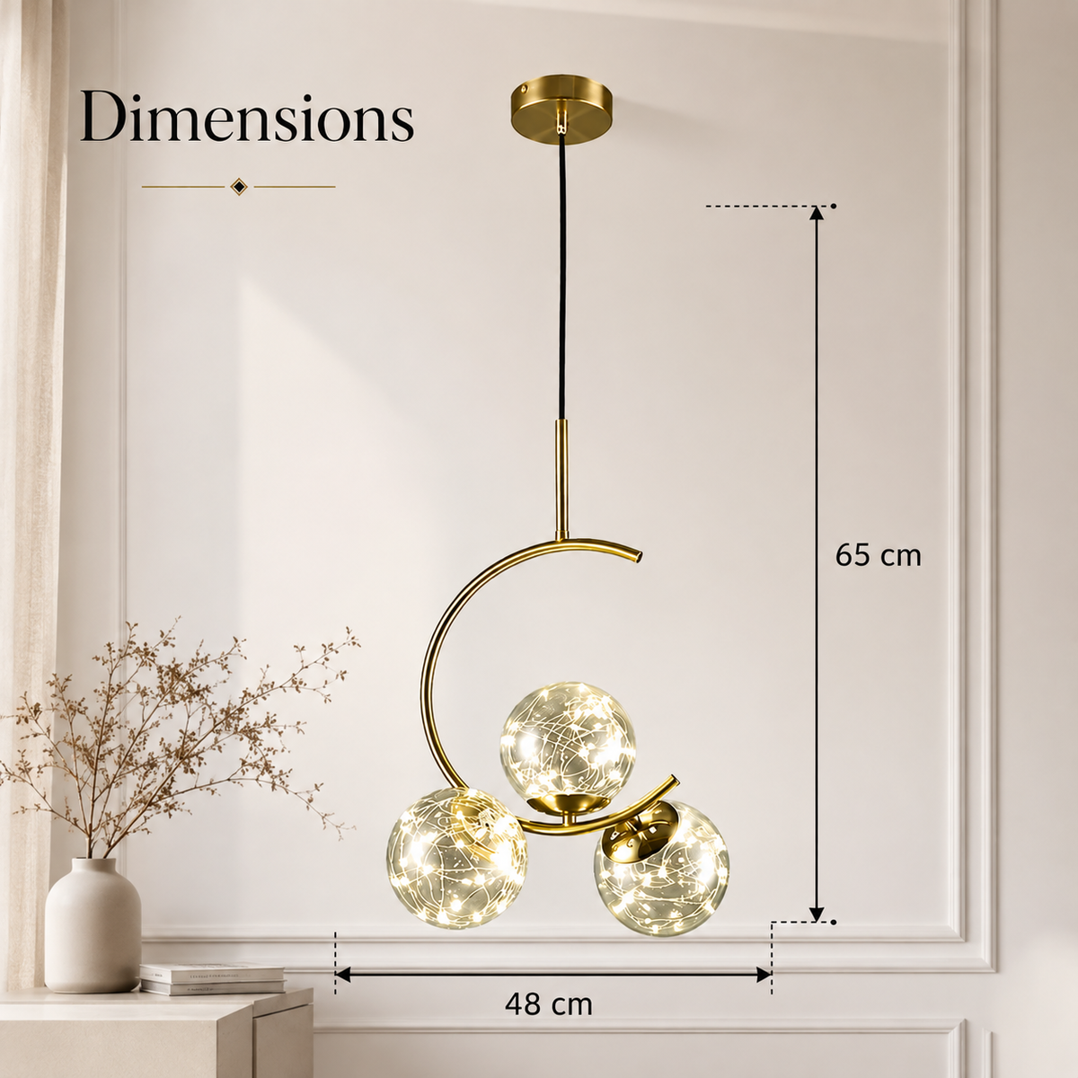 Lustră cu 3 socluri E27, metal și acril, 48 × 48 × 65 cm