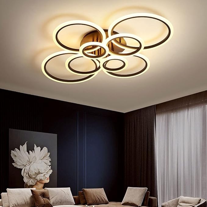 Lustră LED cu 8 inele, neagră, 160 W, dimabilă, Wi-Fi și telecomandă