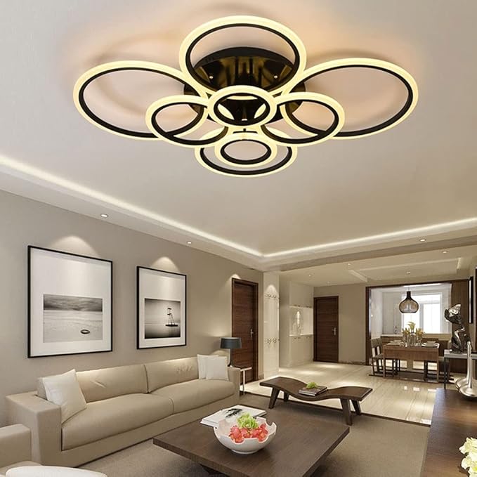 Lustră LED cu 8 inele, neagră, 160 W, dimabilă, Wi-Fi și telecomandă