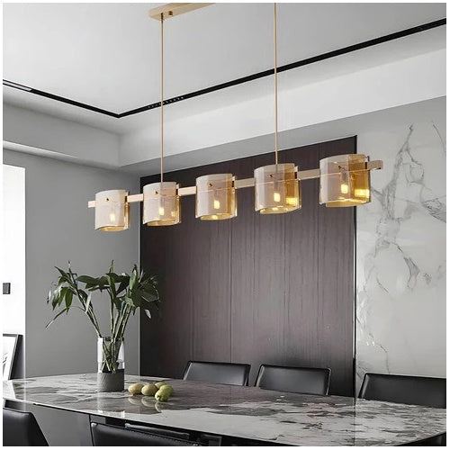 Plafonieră modernă aurie din metal și sticlă, 5 x G9, 120 cm